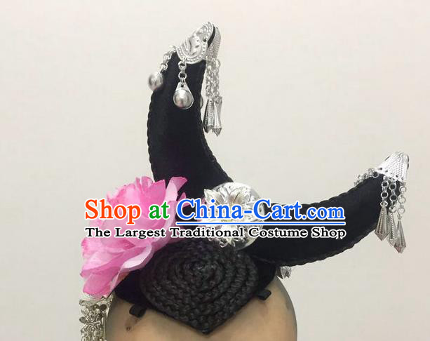 China Hmong Minority Dance Hairpieces Xiangxi Ethnic Performance Wigs Chignon Headdress Miao Nationality Folk Dance Hair Accessories
