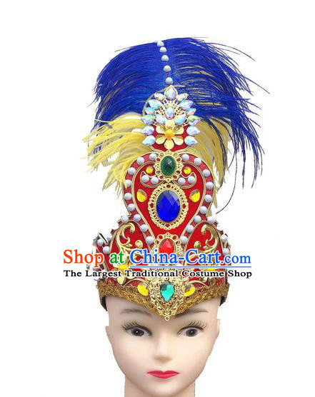 China Uyghur Nationality Folk Dance Headdress Xinjiang Minority Dance Headwear Uighur Ethnic Performance Red Feather Hat