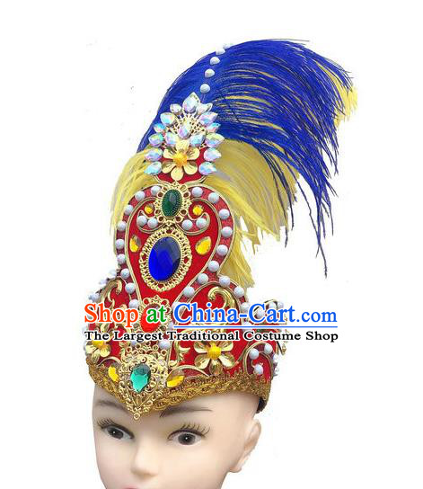 China Uyghur Nationality Folk Dance Headdress Xinjiang Minority Dance Headwear Uighur Ethnic Performance Red Feather Hat