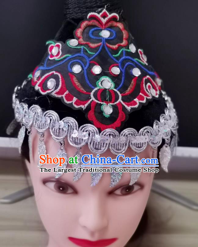 China Dong Nationality Folk Dance Black Hat Xiangxi Minority Dance Headwear Yi Ethnic Performance Headpiece
