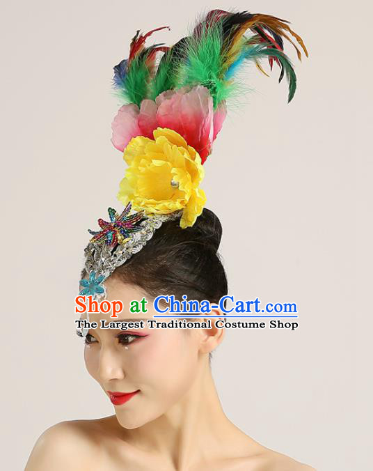 Chinese Yangko Dance Feather Hair Crown Woman Group Dance Hair Accessories Stage Performance Headpiece Folk Dance Headwear