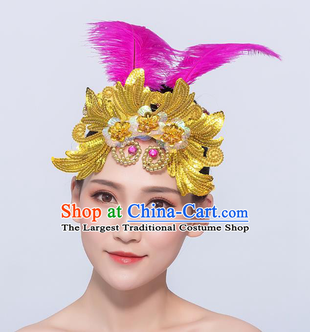 Professional Folk Dance Hair Accessories Fan Dance Rosy Feather Hair Stick Opening Dance Headdress Yangko Dance Headpiece