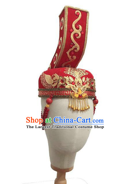 China Mongol Nationality Dance Headwear Minority Folk Dance Red Hat Mongolian Ethnic Performance Headdress