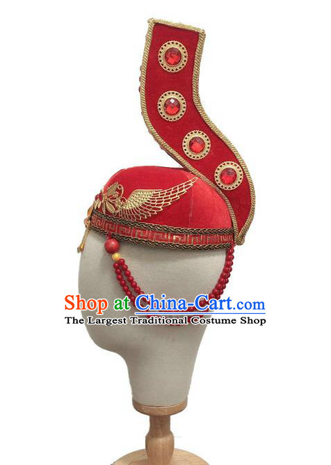 China Mongol Nationality Dance Headwear Minority Folk Dance Red Hat Mongolian Ethnic Performance Headdress