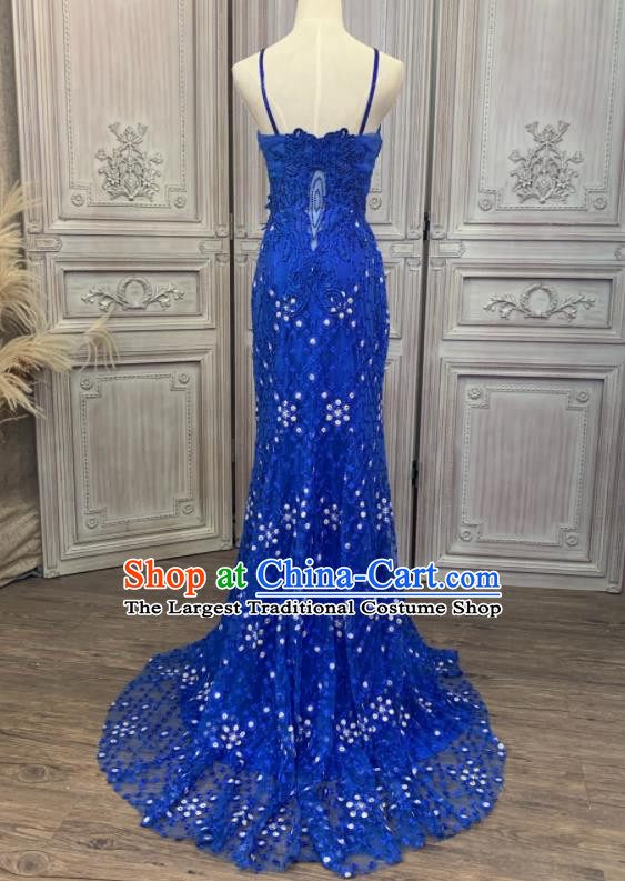 Top European Court Garment Costume Annual Meeting Formal Attire Wedding Royalblue Lace Full Dress Compere Performance Clothing