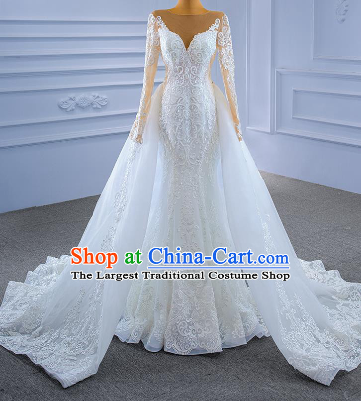 Custom Wedding Dress Bride White Veil Trailing Dress Stage Performance Garment Costume Lace Bridal Gown