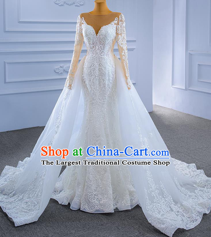 Custom Wedding Dress Bride White Veil Trailing Dress Stage Performance Garment Costume Lace Bridal Gown