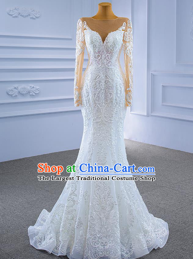 Custom Wedding Dress Bride White Veil Trailing Dress Stage Performance Garment Costume Lace Bridal Gown