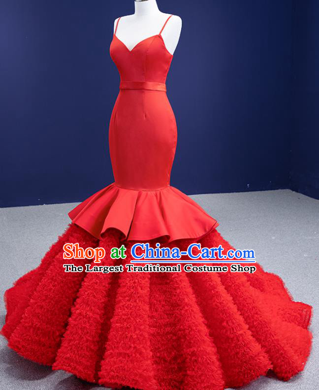Custom Bride Red Fishtail Dress Stage Performance Garment Costume Luxury Bridal Gown Wedding Dress