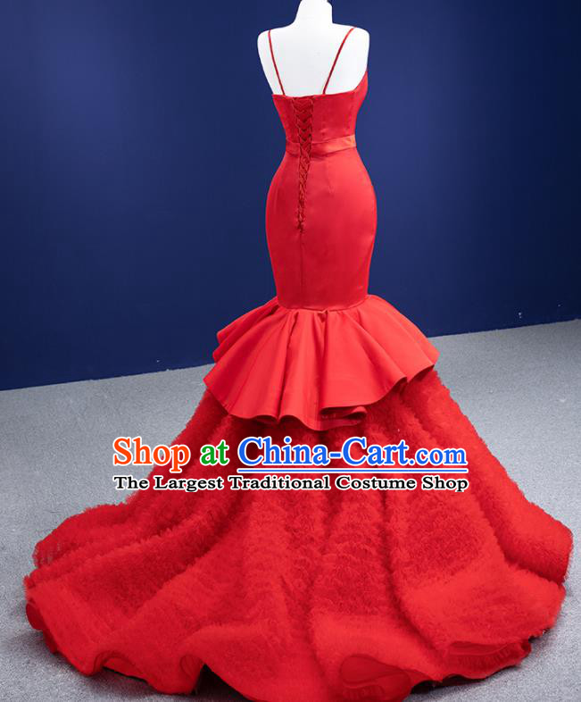 Custom Bride Red Fishtail Dress Stage Performance Garment Costume Luxury Bridal Gown Wedding Dress
