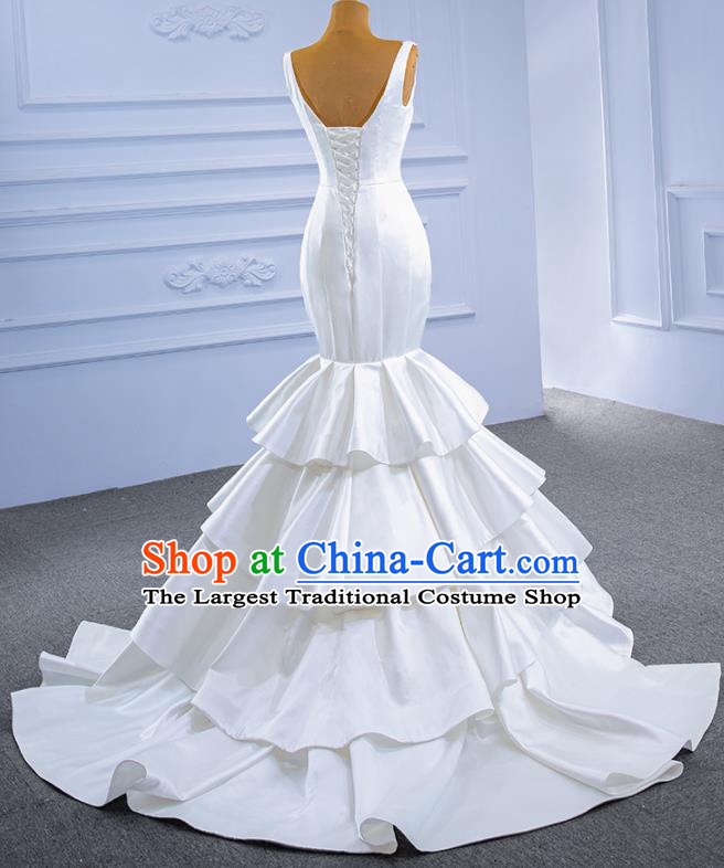 Custom Stage Performance Garment Costume Luxury Bridal Gown Wedding Dress Bride White Satin Fishtail Dress