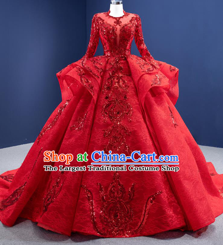 Custom Stage Show Costume Luxury Bridal Gown Embroidery Sequins Wedding Dress Ceremony Formal Garment Bride Red Trailing Dress