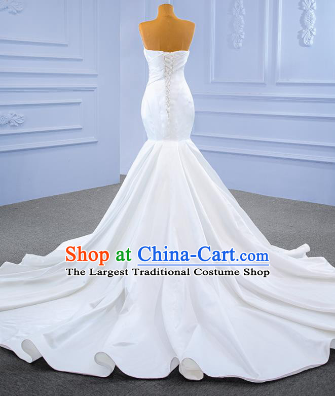 Custom Bride White Satin Trailing Dress Stage Show Costume Luxury Bridal Gown Fishtail Wedding Dress Ceremony Formal Garment