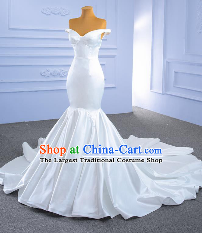 Custom White Satin Wedding Dress Ceremony Formal Garment Bride Long Trailing Dress Stage Show Costume Luxury Bridal Gown