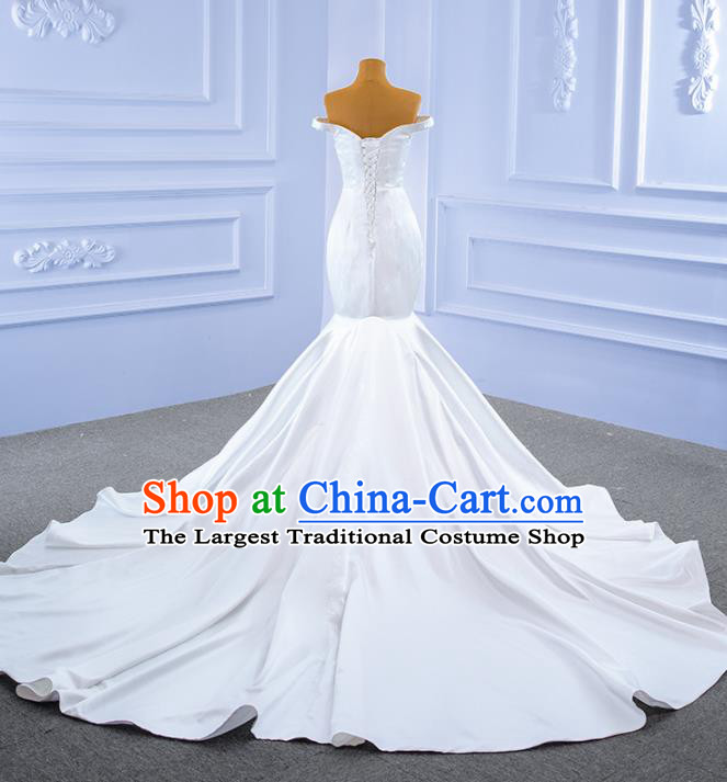 Custom White Satin Wedding Dress Ceremony Formal Garment Bride Long Trailing Dress Stage Show Costume Luxury Bridal Gown