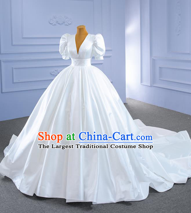 Custom Luxury Bridal Gown Vintage White Satin Wedding Dress Ceremony Formal Garment Bride Long Trailing Dress Stage Show Costume