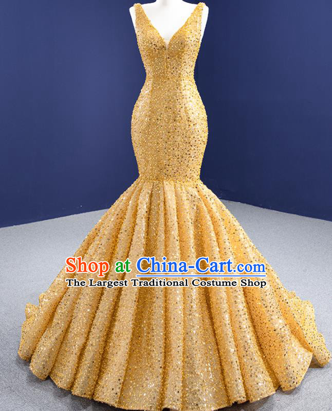 Custom Ceremony Formal Garment Bride Golden Fishtail Full Dress Stage Show Costume Luxury Bridal Gown Vintage Embroidery Sequins Wedding Dress