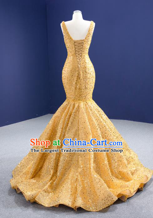 Custom Ceremony Formal Garment Bride Golden Fishtail Full Dress Stage Show Costume Luxury Bridal Gown Vintage Embroidery Sequins Wedding Dress