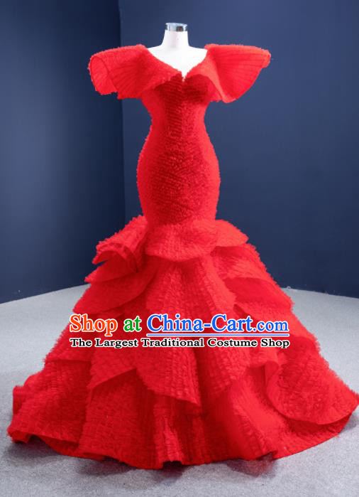 Custom Luxury Compere Clothing Vintage Red Wedding Dress Ceremony Formal Garment Bride Fishtail Full Dress Stage Show Costume