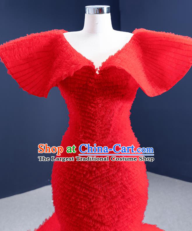 Custom Luxury Compere Clothing Vintage Red Wedding Dress Ceremony Formal Garment Bride Fishtail Full Dress Stage Show Costume