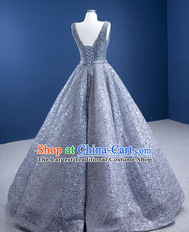 Custom Stage Show Costume Luxury Compere Clothing Vintage Grey Sequins Wedding Dress Ceremony Formal Garment Bride Full Dress