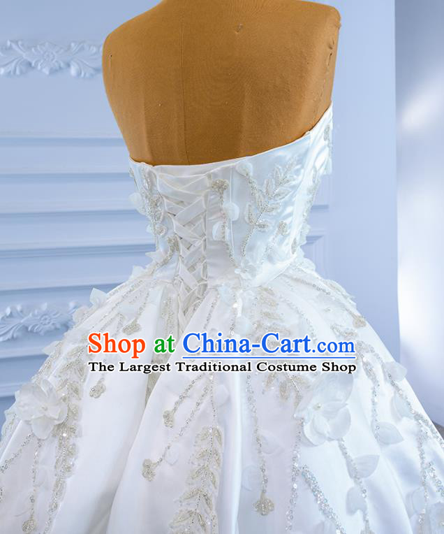 Custom Ceremony Formal Garment Bride Embroidery Full Dress Stage Show Costume Luxury Compere Clothing Vintage White Satin Trailing Wedding Dress