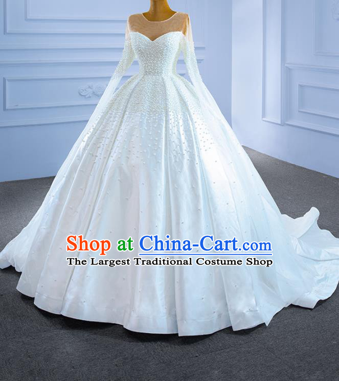Custom Luxury Compere Clothing Vintage White Trailing Wedding Dress Ceremony Formal Garment Bride Embroidery Pearls Full Dress Stage Show Costume