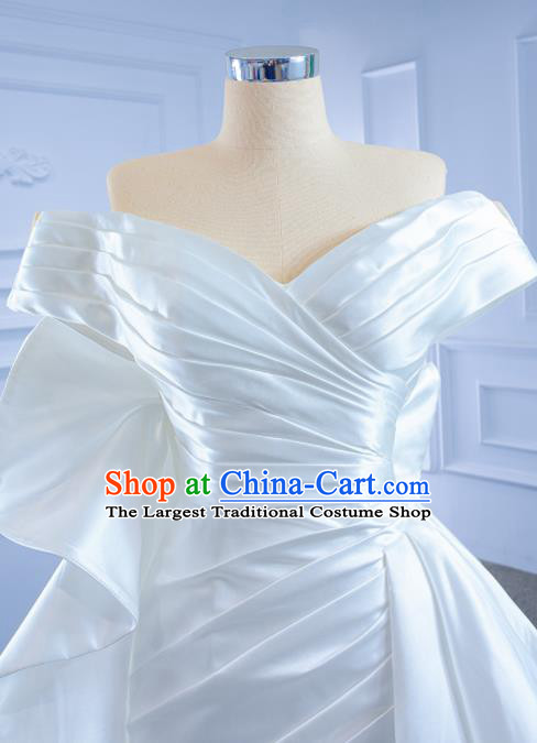 Custom Bride White Satin Full Dress Stage Show Costume Compere Clothing Vintage Luxury Trailing Wedding Dress Ceremony Formal Garment