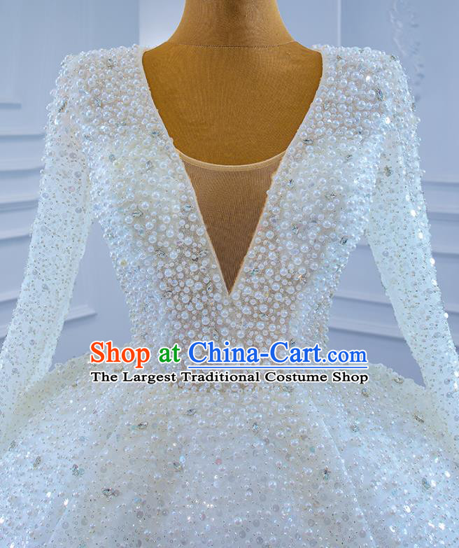 Custom Marriage Ceremony Formal Garment Bride Vintage Embroidery Pearls Full Dress Catwalks Costume Compere Stage Clothing Luxury White Trailing Wedding Dress