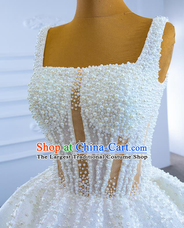 Custom Luxury Trailing Wedding Dress Ceremony Formal Garment Marriage Bride Embroidery Pearls Full Dress Catwalks Costume Compere Vintage Clothing