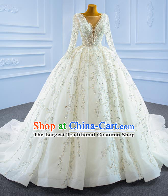 Custom Marriage Bride Trailing Full Dress Catwalks Formal Costume Compere Vintage Clothing Luxury Embroidery Pearls Wedding Dress Ceremony Garment