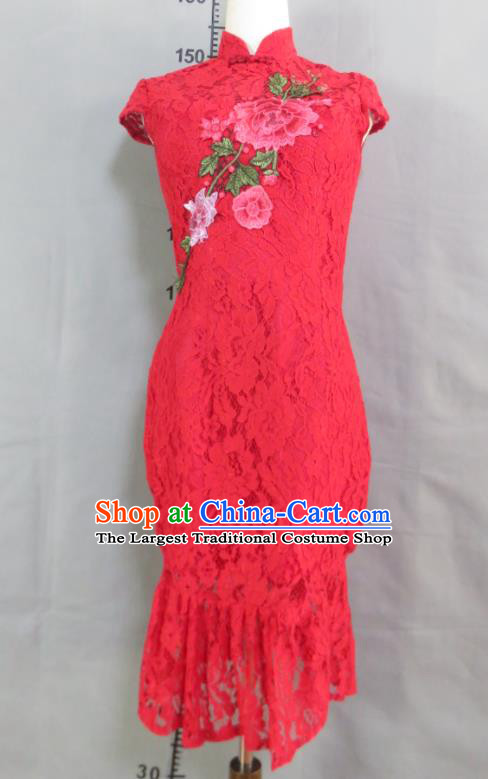 China Traditional Fishtail Qipao Dress Bride Toasting Clothing Wedding Garment Costumes Classical Red Lace Cheongsam