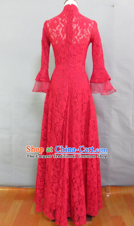 China Bride Toasting Clothing Wedding Garment Costumes Classical Red Lace Long Cheongsam Traditional Embroidery Peony Qipao Dress