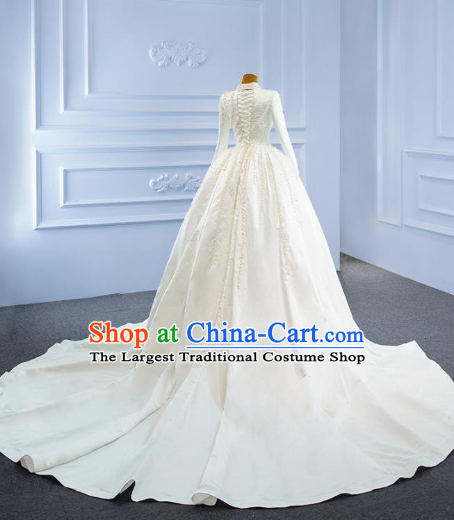 Custom Marriage Bride White Satin Fishtail Full Dress Catwalks Formal Costume Compere Vintage Clothing Luxury Wedding Dress Ceremony Garment