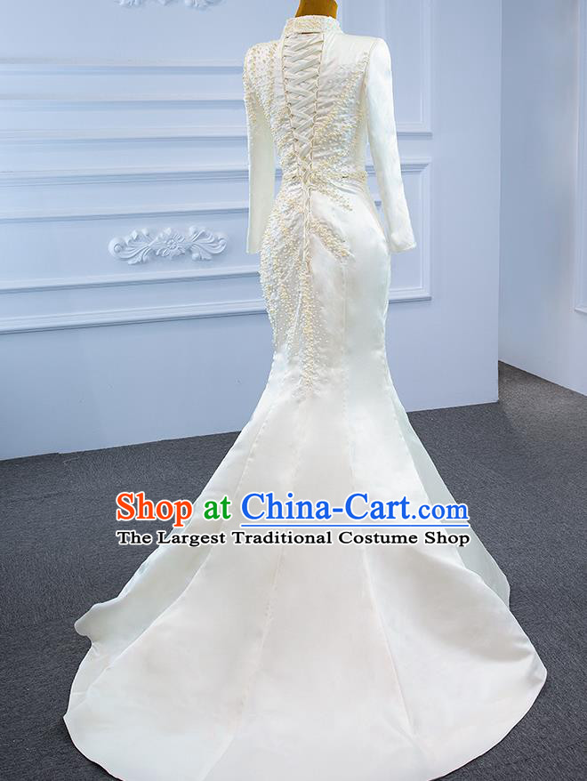 Custom Marriage Bride White Satin Fishtail Full Dress Catwalks Formal Costume Compere Vintage Clothing Luxury Wedding Dress Ceremony Garment