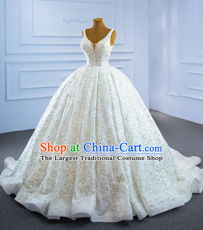 Custom Ceremony Embroidery Sequins Garment Marriage Bride White Trailing Full Dress Catwalks Formal Costume Compere Vintage Clothing Luxury Wedding Dress