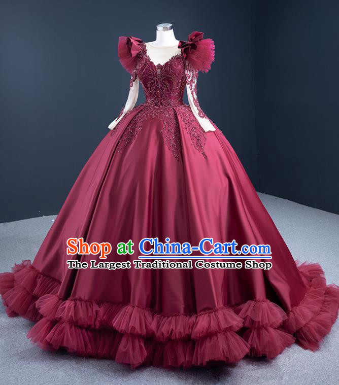 Custom Luxury Wedding Dress Ceremony Embroidery Sequins Garment Marriage Bride Wine Red Trailing Full Dress Catwalks Formal Costume Compere Vintage Clothing