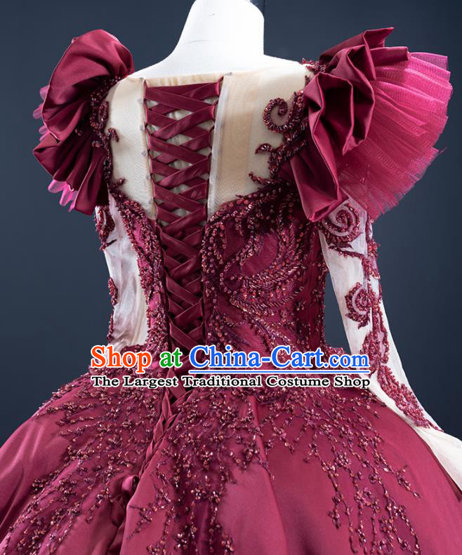 Custom Luxury Wedding Dress Ceremony Embroidery Sequins Garment Marriage Bride Wine Red Trailing Full Dress Catwalks Formal Costume Compere Vintage Clothing