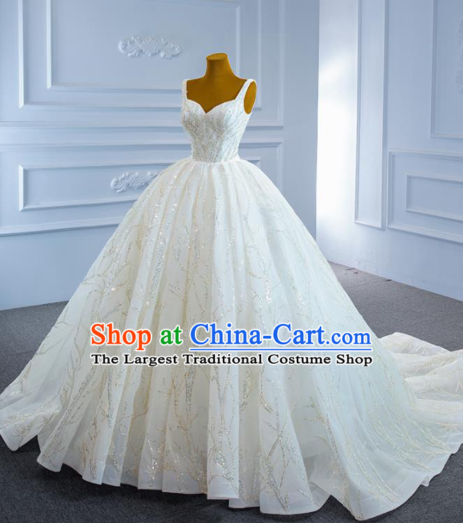 Custom Marriage Bride Full Dress Catwalks Formal Costume Compere Vintage Clothing Luxury White Trailing Wedding Dress Ceremony Embroidery Sequins Garment