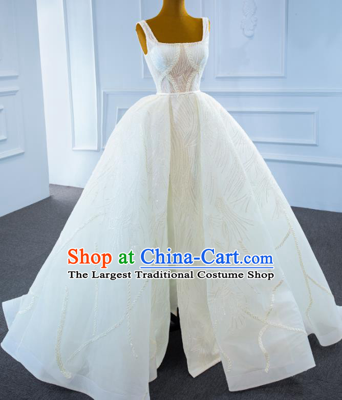 Custom Marriage Bride White Trailing Full Dress Catwalks Formal Costume Ceremony Vintage Clothing Luxury Wedding Dress Compere Garment