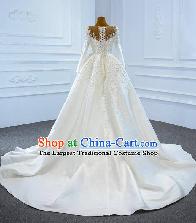 Custom Luxury Embroidery Pearls Wedding Dress Vintage Formal Garment Bride White Satin Full Dress Catwalks Princess Costume Ceremony Compere Clothing