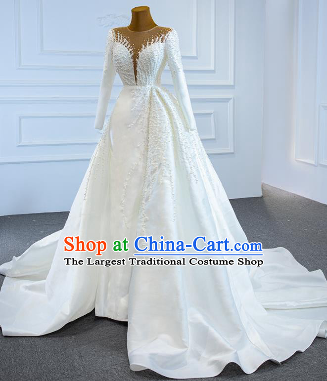 Custom Luxury Embroidery Pearls Wedding Dress Vintage Formal Garment Bride White Satin Full Dress Catwalks Princess Costume Ceremony Compere Clothing