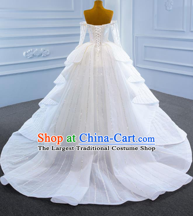 Custom Compere Embroidery Sequins Garment Marriage Bride White Trailing Full Dress Catwalks Formal Costume Ceremony Vintage Clothing Luxury Wedding Dress