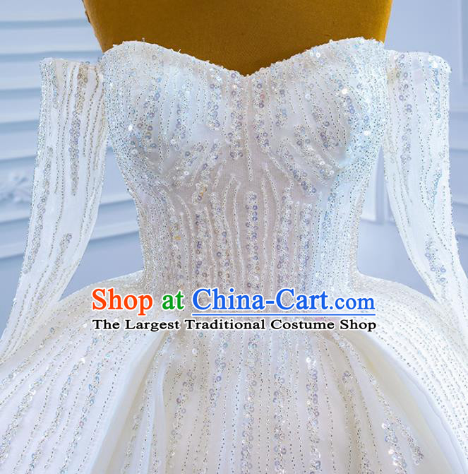 Custom Compere Embroidery Sequins Garment Marriage Bride White Trailing Full Dress Catwalks Formal Costume Ceremony Vintage Clothing Luxury Wedding Dress