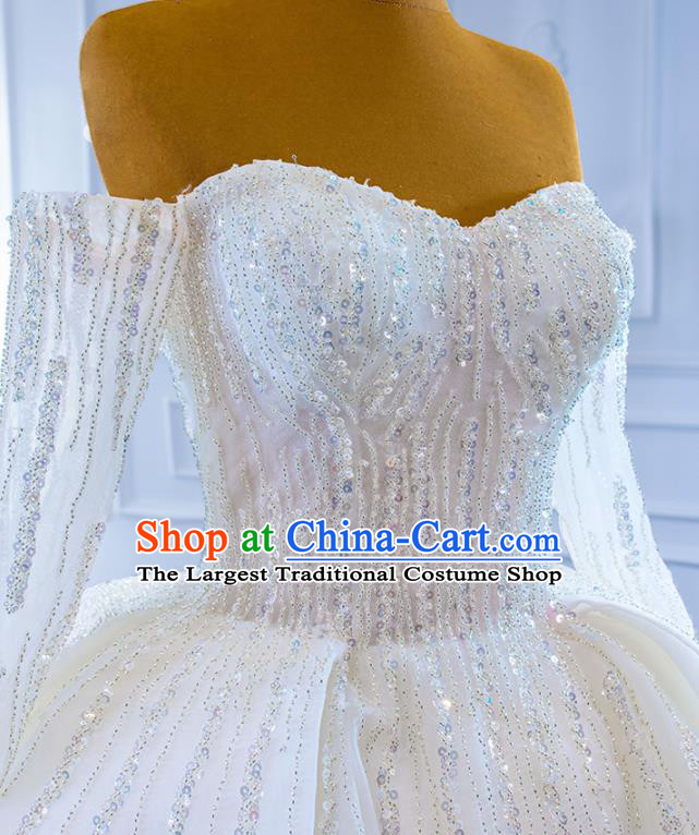 Custom Compere Embroidery Sequins Garment Marriage Bride White Trailing Full Dress Catwalks Formal Costume Ceremony Vintage Clothing Luxury Wedding Dress