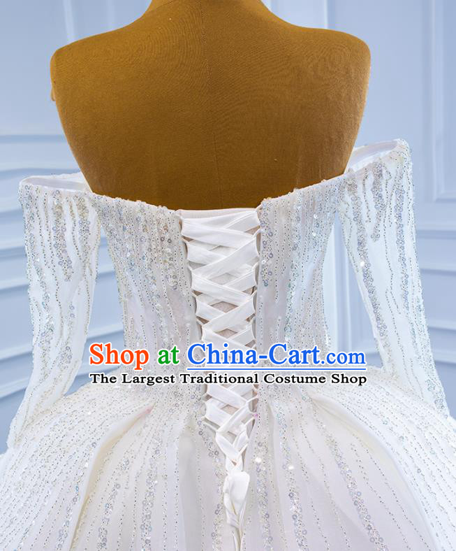 Custom Compere Embroidery Sequins Garment Marriage Bride White Trailing Full Dress Catwalks Formal Costume Ceremony Vintage Clothing Luxury Wedding Dress