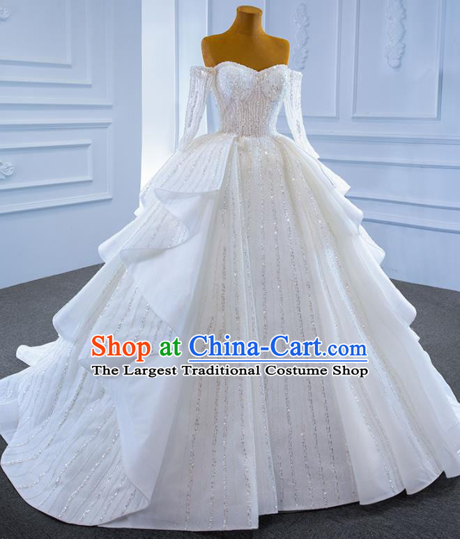 Custom Compere Embroidery Sequins Garment Marriage Bride White Trailing Full Dress Catwalks Formal Costume Ceremony Vintage Clothing Luxury Wedding Dress