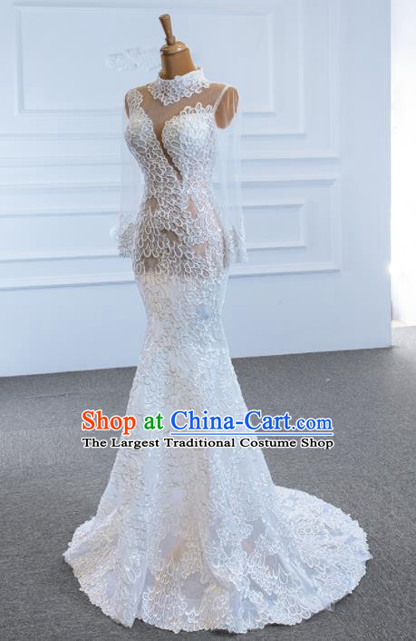 Custom Luxury Formal Garment Compere White Fishtail Full Dress Catwalks Princess Costume Marriage Bride Clothing Vintage Embroidery Lace Wedding Dress