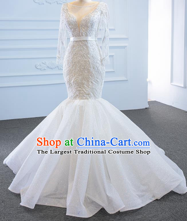 Custom Catwalks Princess Costume Marriage Bride Clothing Vintage Wedding Dress Luxury Embroidery Pearls Formal Garment Compere White Fishtail Full Dress