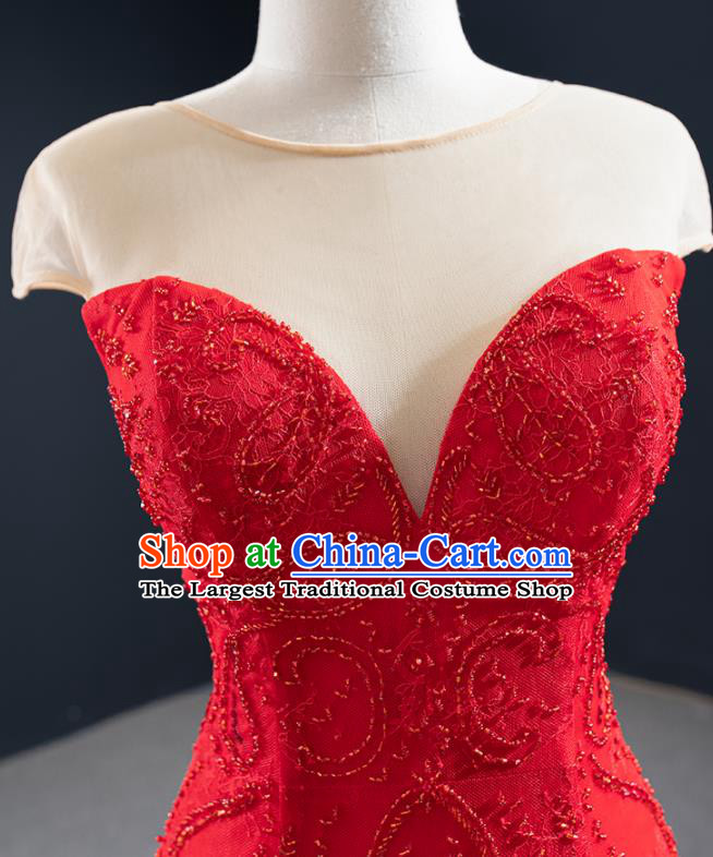 Custom Compere Luxury Red Fishtail Full Dress Catwalks Princess Costume Vintage Bride Clothing Wedding Dress Marriage Embroidery Formal Garment